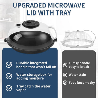 Microwave Splatter Cover Lid for Food 10.2 Inch with Water Steamer, Clear Microwave Splash Guard Cooker Lid with Plate, Dish Bowl Plate Serving Cover Cookware High Transparent Plastic Black