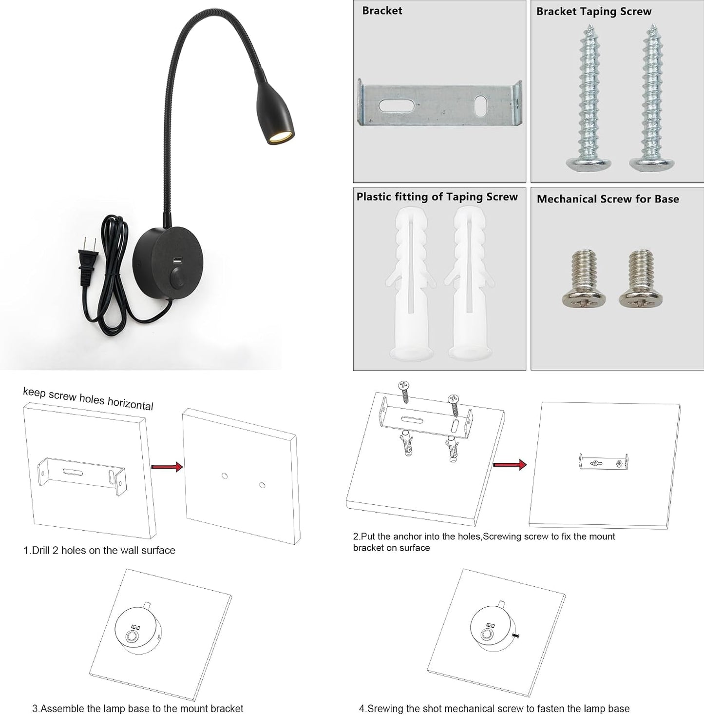 LED Wall Reading Light with USB Charging Port, Touch Dimmable Switch Gooseneck Bedside Lamp, Flexible Arm, 3W (Black, 120V Plug in, Warm White)