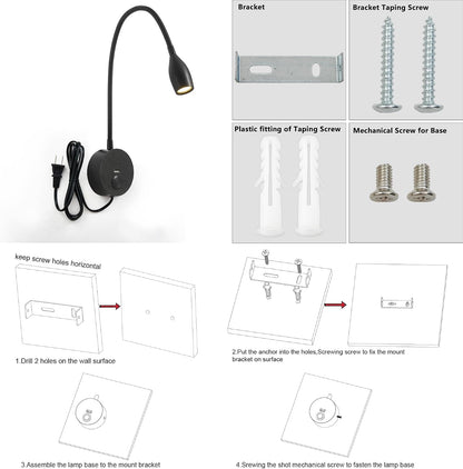 LED Wall Reading Light with USB Charging Port, Touch Dimmable Switch Gooseneck Bedside Lamp, Flexible Arm, 3W (Black, 120V Plug in, Warm White)