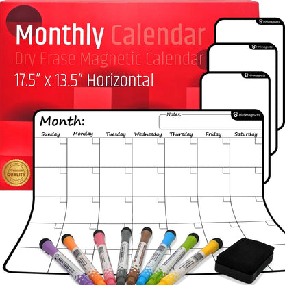 Large Dry-Erase Magnetic Monthly Calendar + Free Bonus: 3 Grocery/to-Do List Whiteboards (Organizer/Planner) for Kitchen Fridge - Full Set: 8 Markers + Eraser | Stain Free | Horizontal
