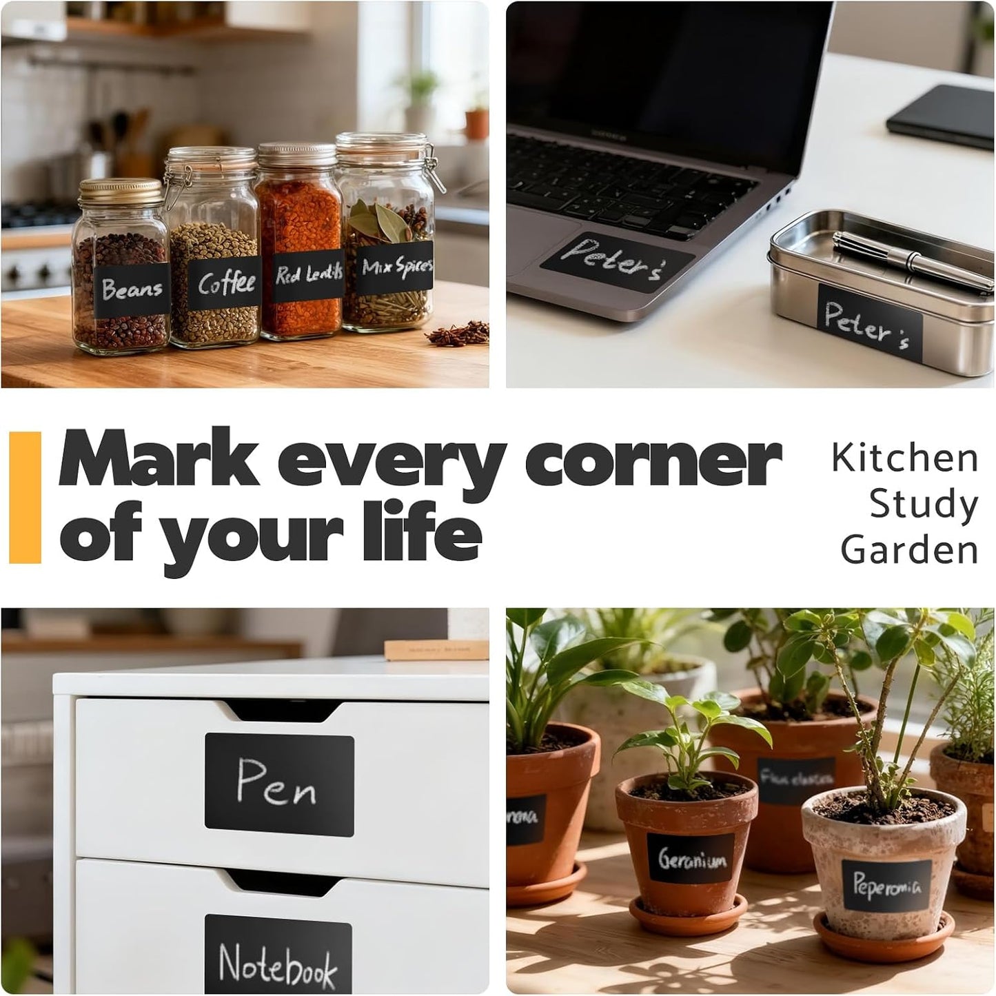 JIEHENG 180Pcs Labels for Jars,Black Wavy Stickers with 1 Chalk Markers | Black,Shape of Wavy,Reusable,Removable Labels for Storage Bins