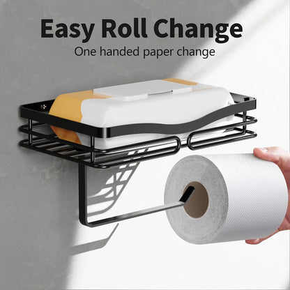 YIGII Toilet Paper Holder with Shelf, Adhesive or Drilling Toilet Paper Roll Holder for Bathroom, Rustproof Tissue Roll Holder Wall Mounted for Wipe Storage (Silver)