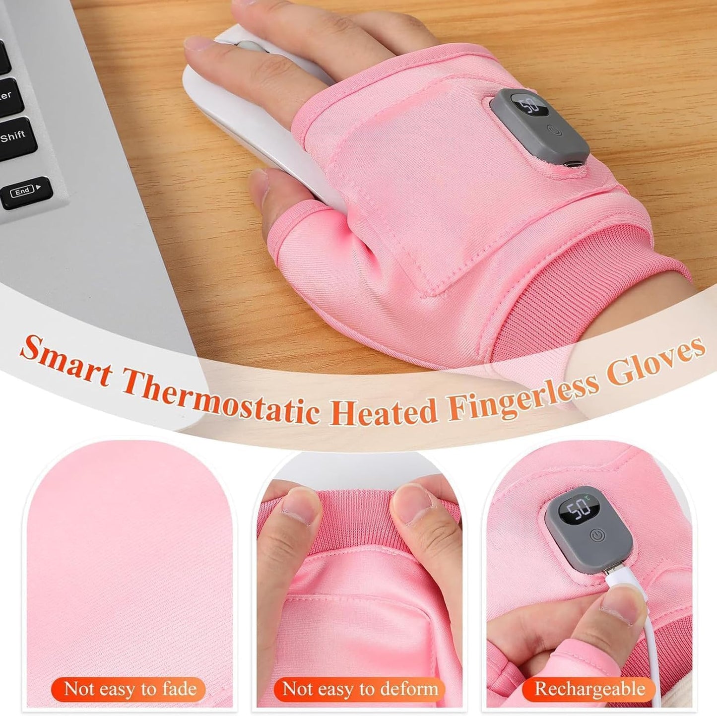 Rechargeable Heated Gloves for Women, Portable Heating Gloves with Digital Display, Upgraded Smart Thermostatic Electric Heated Fingerless Glove, Hand Warmer for Outdoor Work, Cycling, Skiing(Pink)