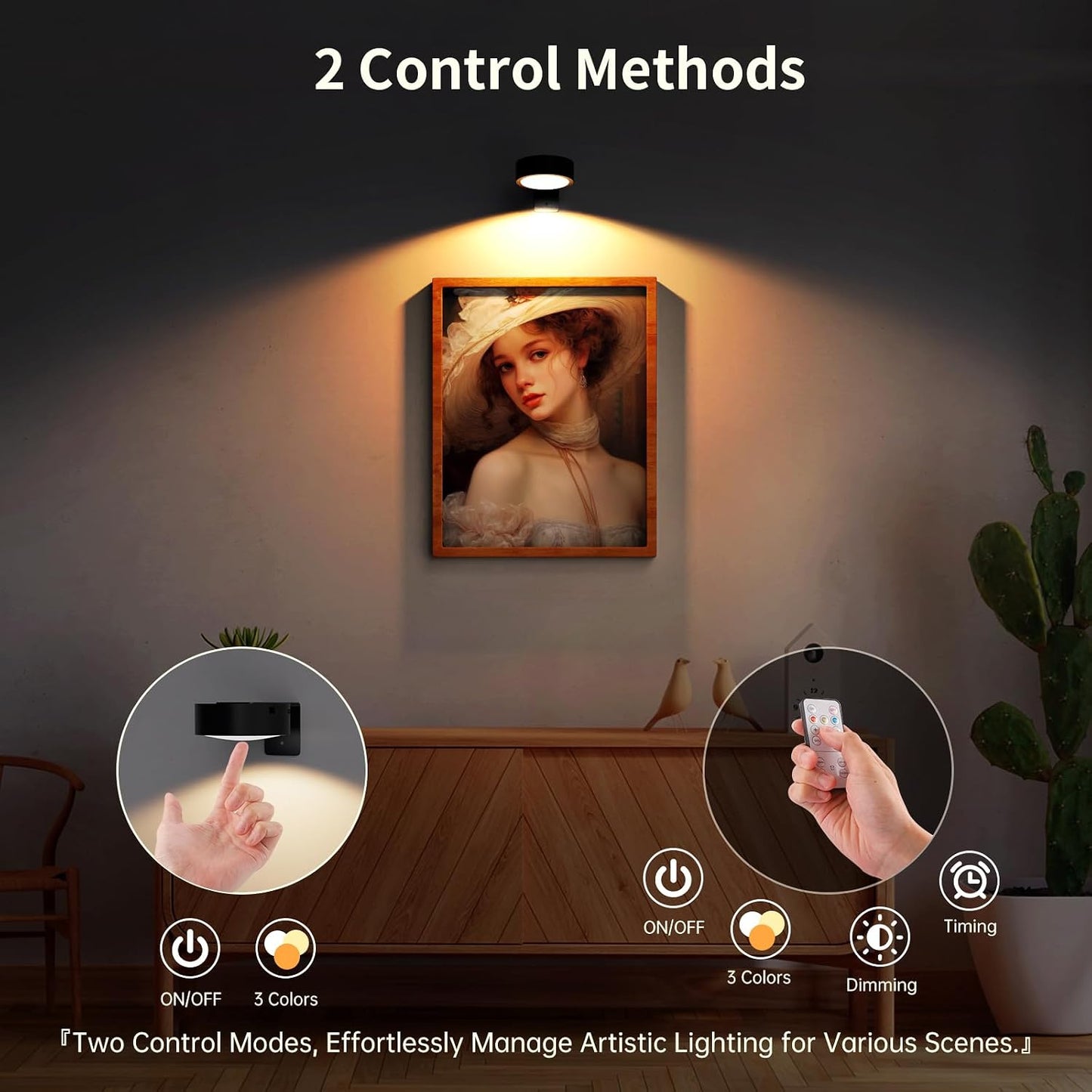 3 Pack Picture Lights for Wall, Rechargeable Battery Operated wall lights, Picture Frame lights with 3 Lighting Modes, Wireless Magnetic Painting Light with Remote Control Timer (White, 3 Pack)