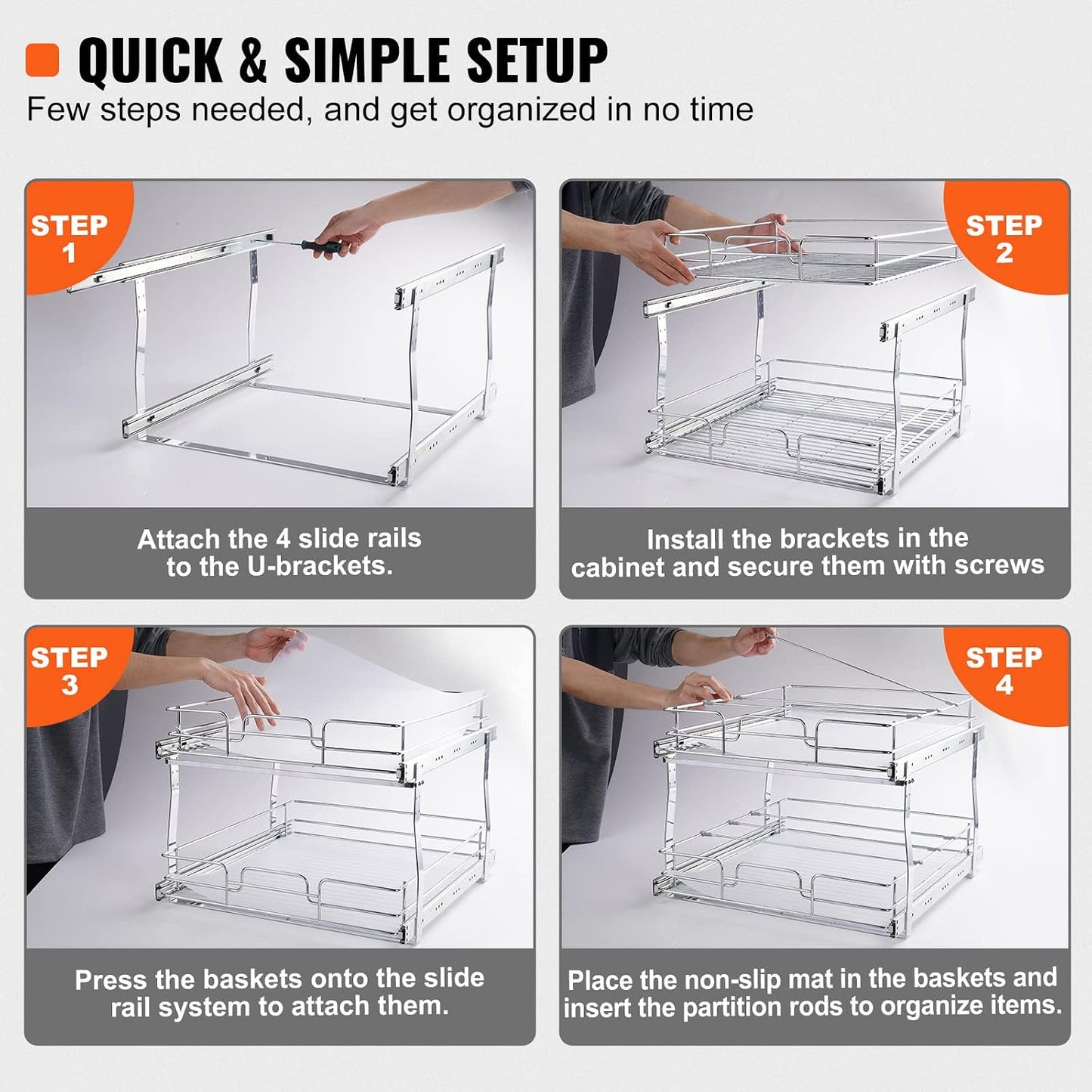VEVOR Pull Out Cabinet Organizer, 14" Wx21.2 Dx15.2 H Heavy 2 Tier Duty Slide Out Pantry Shelves, Chrome-Plated Steel Roll Out Drawer for Under Sink, 15.5" Wx22.5 Dx19 H Install Size for Cabinet