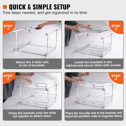VEVOR Pull Out Cabinet Organizer, 14" Wx21.2 Dx15.2 H Heavy 2 Tier Duty Slide Out Pantry Shelves, Chrome-Plated Steel Roll Out Drawer for Under Sink, 15.5" Wx22.5 Dx19 H Install Size for Cabinet