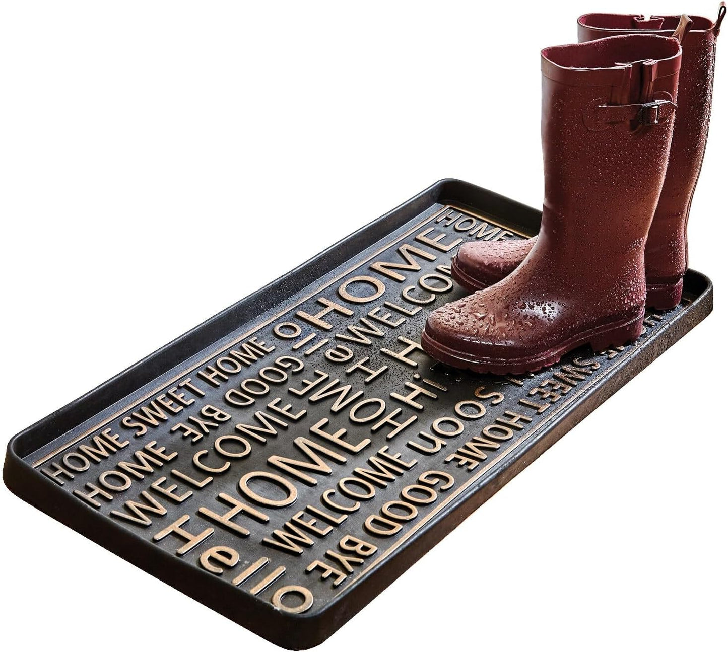 Art & Artifact Rubber Boot Tray Wet Shoe Tray for Entryway Indoor Outdoor Snow Boot Mat Extra Large Shoe Tray 32" x 16", Black, Hello Goodbye