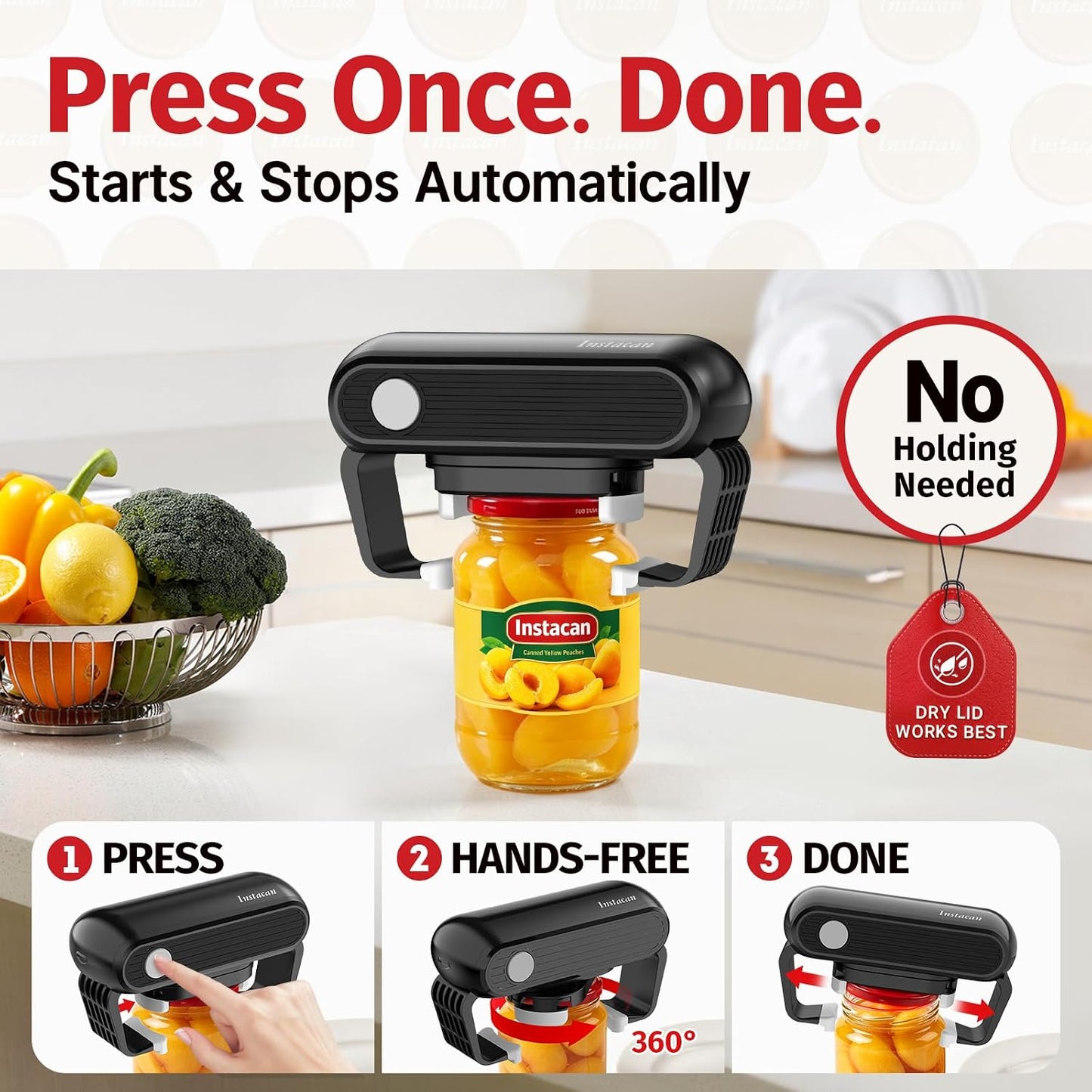 INSTACAN Effortless Electric Jar Opener Easy Opens Twist-Lid, One Handed Automatic Jar Opener for Weak Hands & Seniors with Arthritis, Battery Operated Essential Kitchen Gadgets Gift for Home