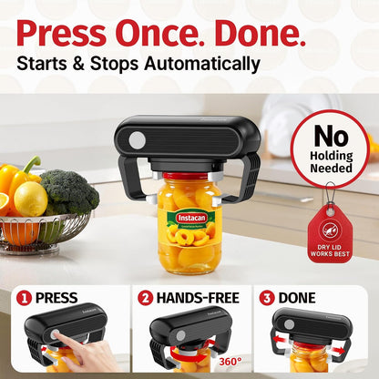 INSTACAN Effortless Electric Jar Opener Easy Opens Twist-Lid, One Handed Automatic Jar Opener for Weak Hands & Seniors with Arthritis, Battery Operated Essential Kitchen Gadgets Gift for Home