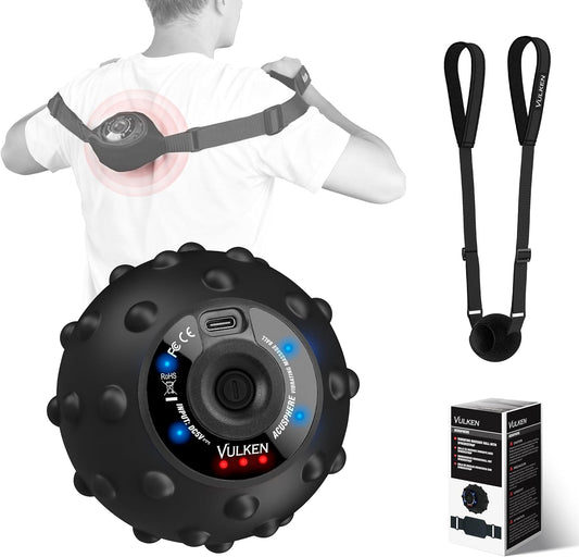 Vibrating Massage Ball for Muscle Recovery with SphereStrap – Target Hard-to-Reach Areas, Hands-Free Back Massage. 4 Speeds High Intensity Trigger Point Massage Ball.