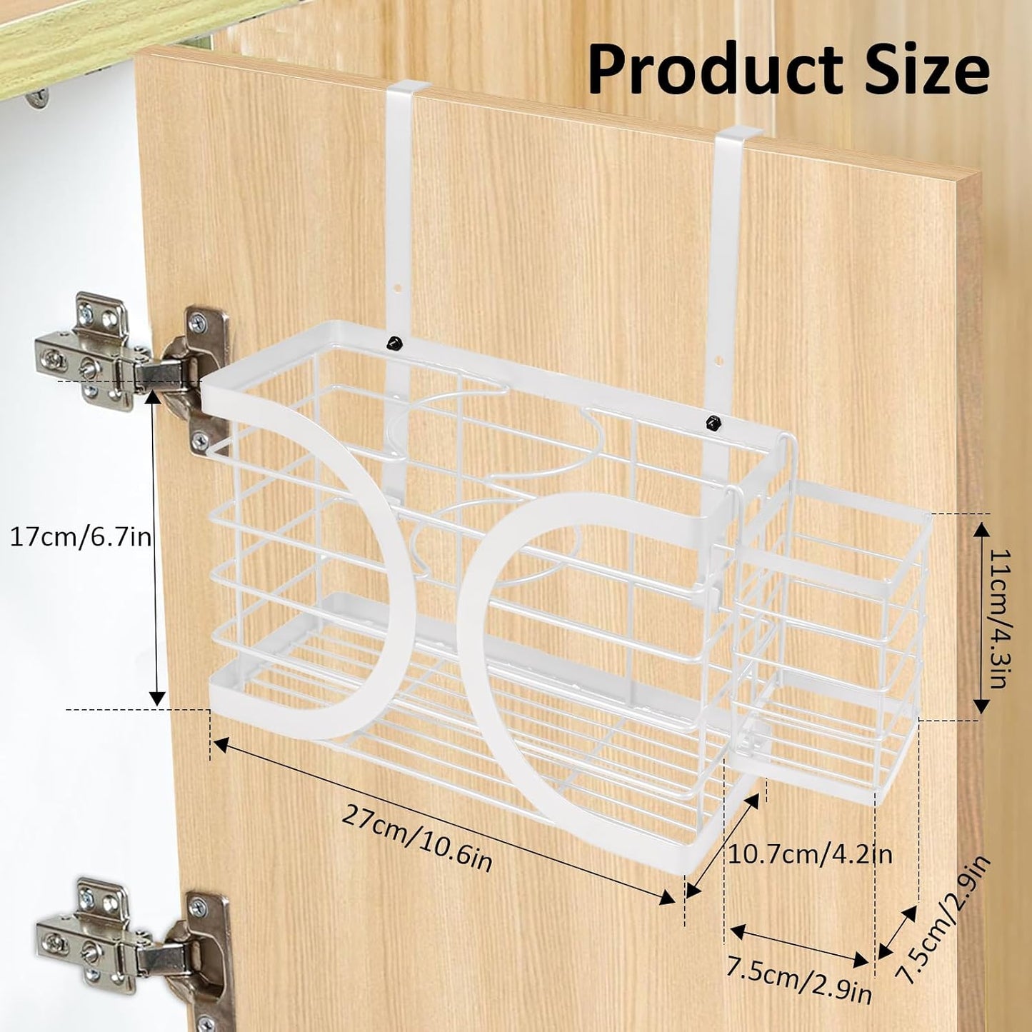 Elegant White Cabinet Door/Wall Mounted 3-in-1 Hair Dryer Holder | Stylish Bathroom Organiser, For Hair Dryer & Straightener, Hair Brush & Accessories