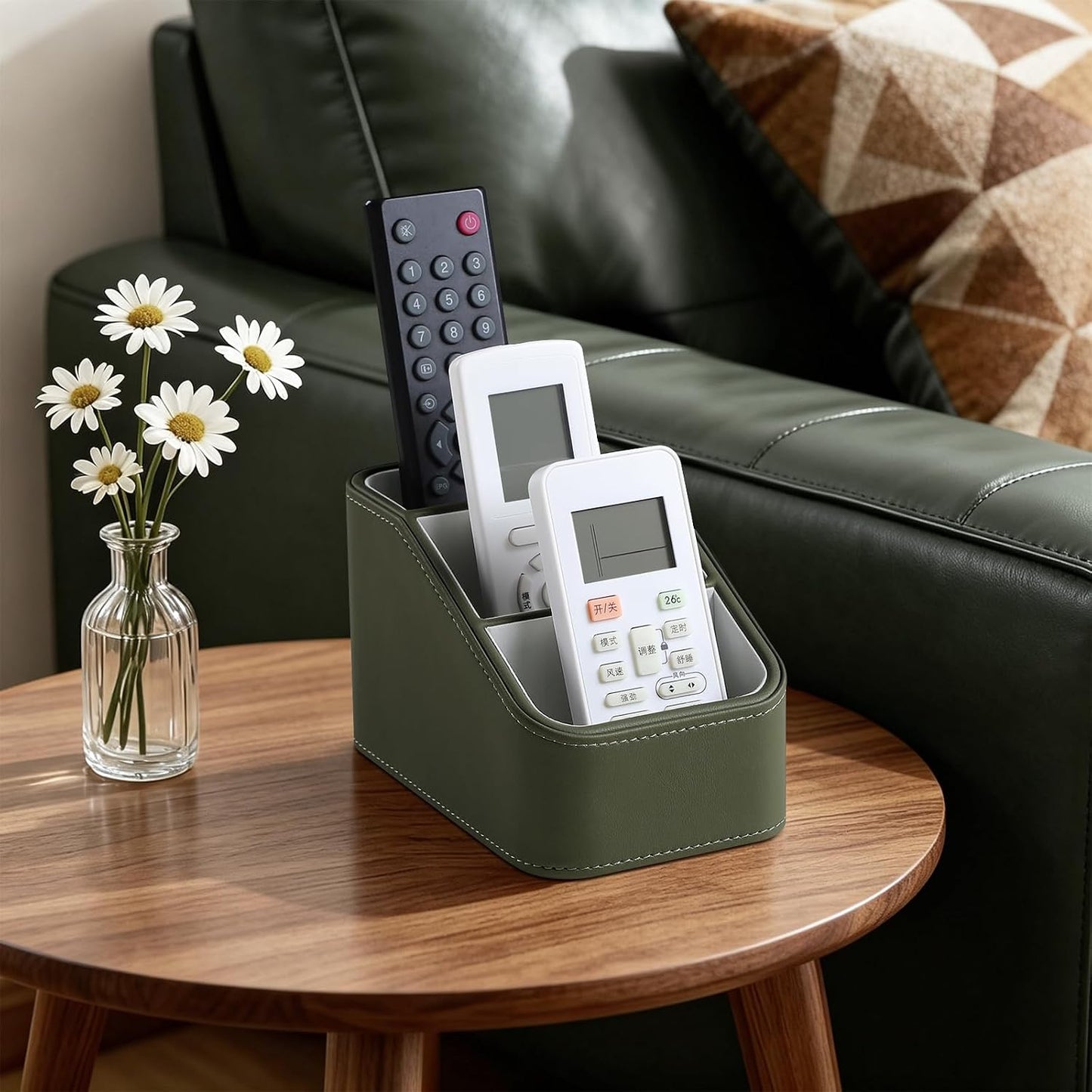 Remote Control Holder, Small Desk Organizer TV Remote Caddy, Black | PU Leather 3 Compartments Remote Holder, Remote Organizer Nightstand Organizer for Couch Bedside Living Room Office