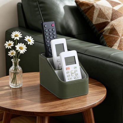 Remote Control Holder, Small Desk Organizer TV Remote Caddy, Black | PU Leather 3 Compartments Remote Holder, Remote Organizer Nightstand Organizer for Couch Bedside Living Room Office