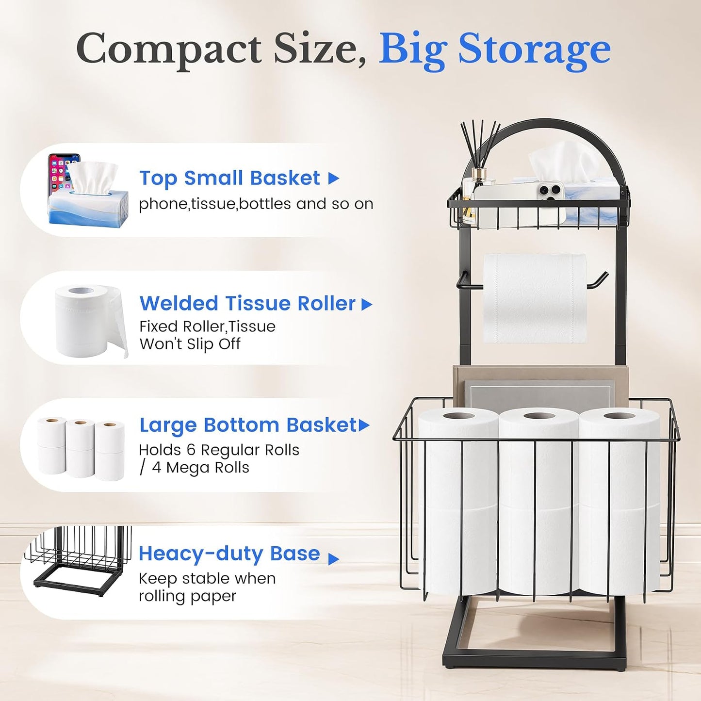 Toilet Paper Holder Stand Freestanding with Storage Basket for Bathroom | Freestanding Toilet Paper Stand for Bathroom,Heavy Duty Tissue Roll Holder Rack with Top Shelf for Organizer,black