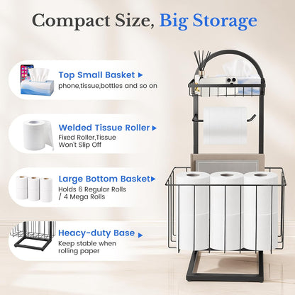 Toilet Paper Holder Stand Freestanding with Storage Basket for Bathroom | Freestanding Toilet Paper Stand for Bathroom,Heavy Duty Tissue Roll Holder Rack with Top Shelf for Organizer,black