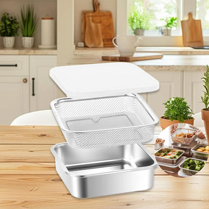 Stainless Steel Food Container with Strainer Colander Set Fridge Organizer Bin Multifunctional Kitchen Drain Basket for Lettuce Fruits, Vegetables, 1500ml