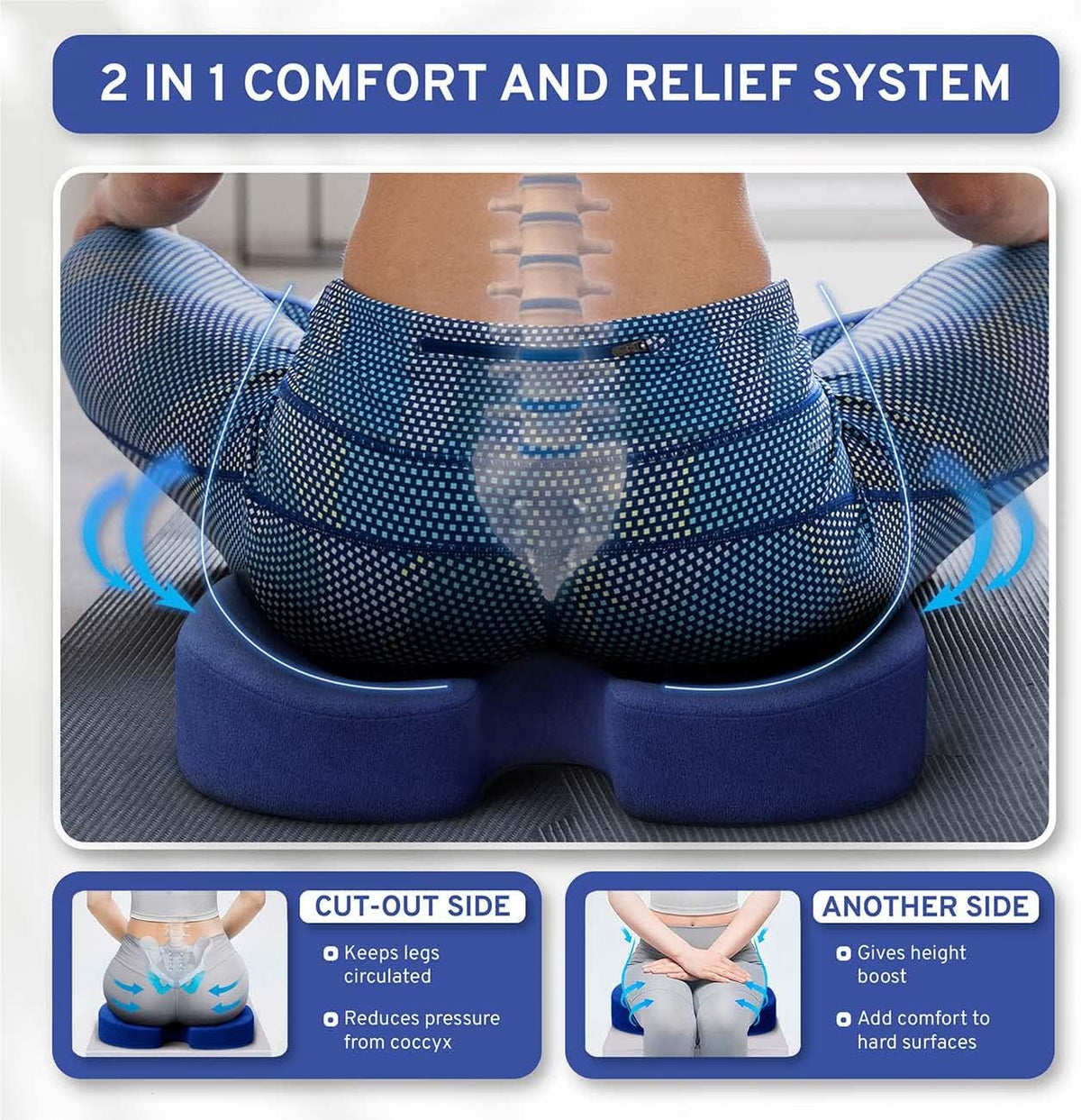 Memory Foam Seat Cushion - Tailbone Pain Relief Cushion, Non-Slip Sciatica Pain Relief Pillow - Cushion for Office Chair, Car, Wheelchair, Computer, Desk Chair - Coccyx, Lower Back Support (Navy)