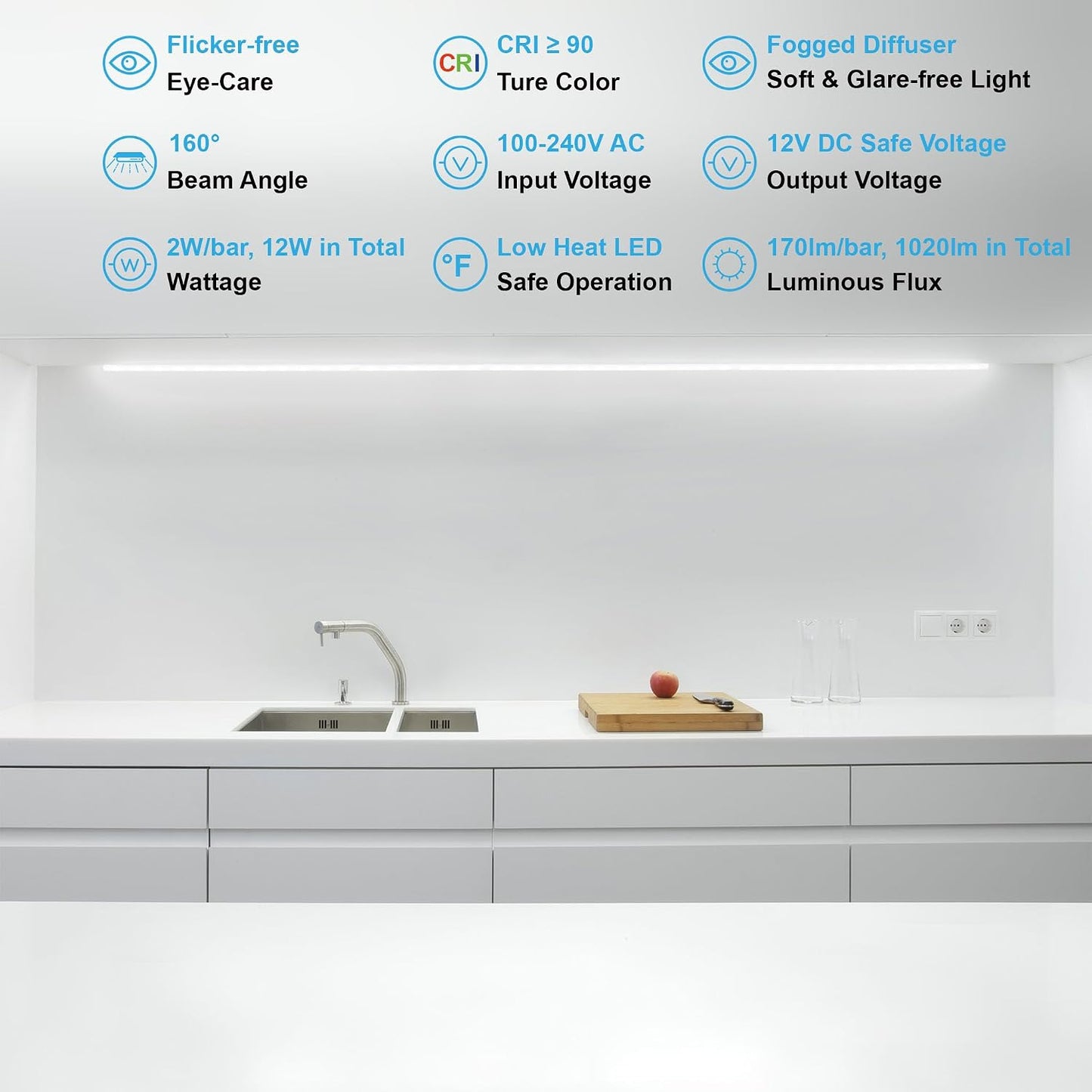 Motion Sensor Under Cabinet Lights, Plug in, Seamlessly Linkable, 6 Pcs 12 Inch Under Counter Lighting Bars for Kitchen, Closet, Gun Safe, Shelf, Display Case, LED 5000k Daylight