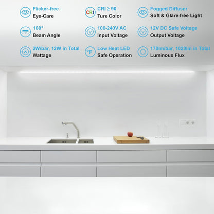 Motion Sensor Under Cabinet Lights, Plug in, Seamlessly Linkable, 6 Pcs 12 Inch Under Counter Lighting Bars for Kitchen, Closet, Gun Safe, Shelf, Display Case, LED 5000k Daylight