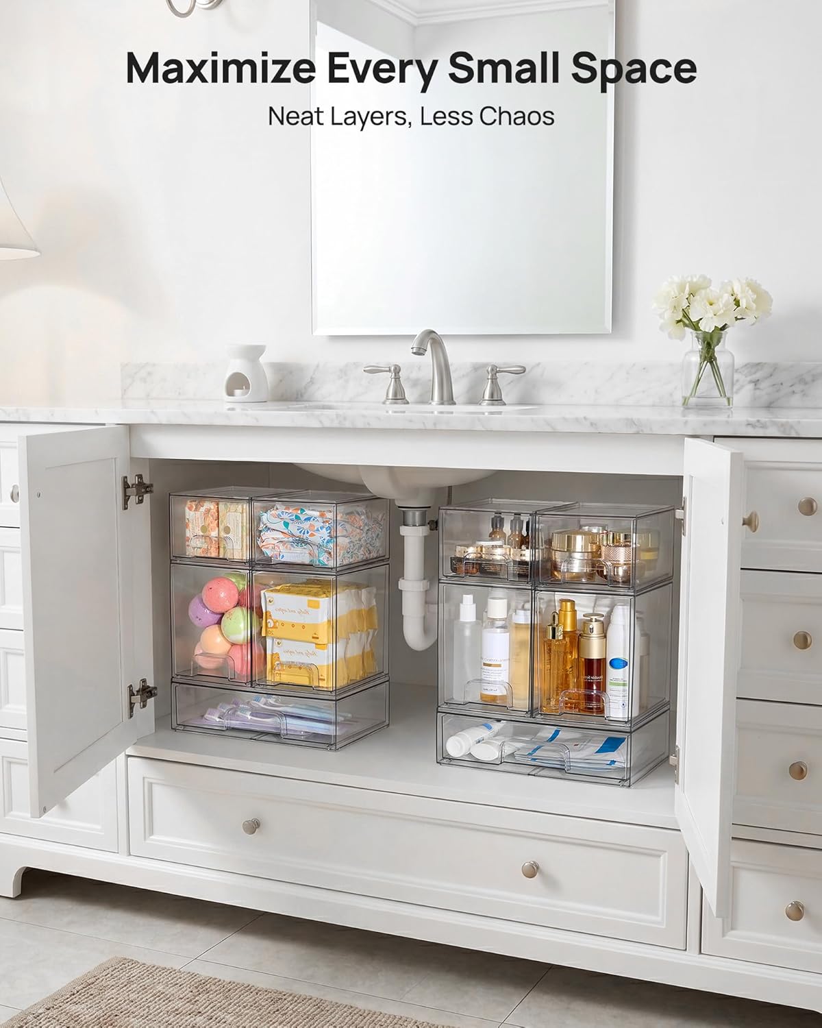 Vtopmart Clear Stackable Storage Drawers Set of 6, Plastic Organizer Bins | Multi-purpose Boxes for Bathroom Accessories Storage, Ideal for Cabinet, Shelf, Pantry, Laundry Room Organization