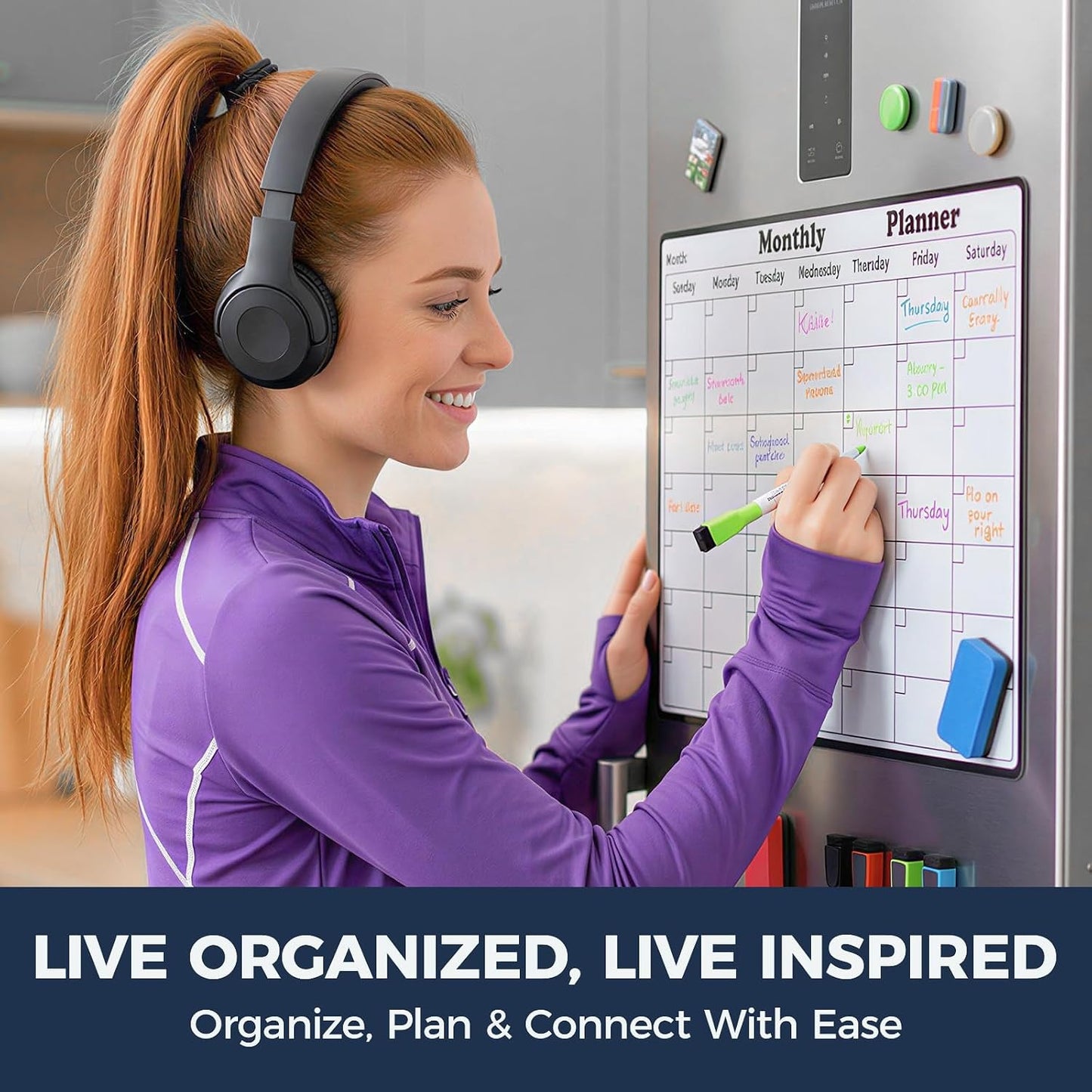 Magnetic Dry Erase Calendar for Refrigerator - 11"x8" Compact Fridge Whiteboard with 6 Markers & 2 Erasers, Weekly Planner, Sunday Start