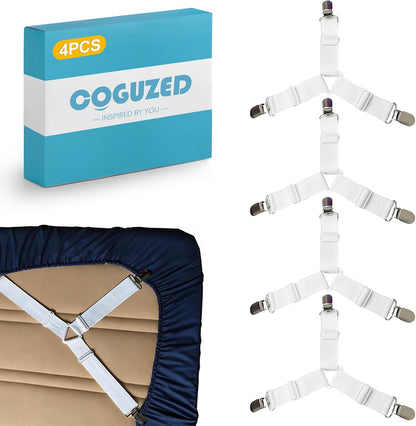 CoguZed 4 Pack Adjustable Bed Sheet Clips, Heavy Duty Triangle Sheet Suspenders and Mattress Straps, Corner Holder Fasteners for All Bed Sizes Including Queen and King, White