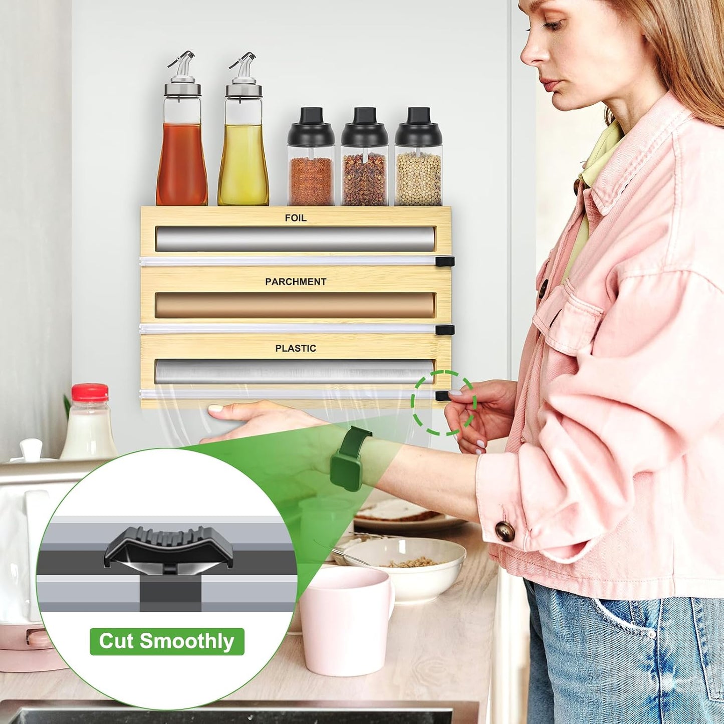 MSJGA Magnetic Plastic Wrap Dispenser with Cutter for Drawer&Refrigerator | 3 in 1 Fridge Bamboo Organizer for Tin Foil, Baking Paper, Wax Paper Holder Kitchen Storage Box Compatible,13" x 8.2" x 2.7"