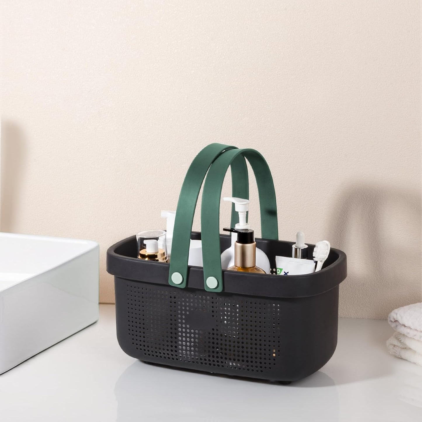JiatuA Plastic Storage Basket with Handle Portable Shower Caddy Tote Organizer Basket Bin for Bathroom Kitchen Dorm Room Bedroom, Green | Sturdy Drainage Large Capacity Organizer Basket with Silicone Handles for Bathroom Kitchen Bedroom College Dorm