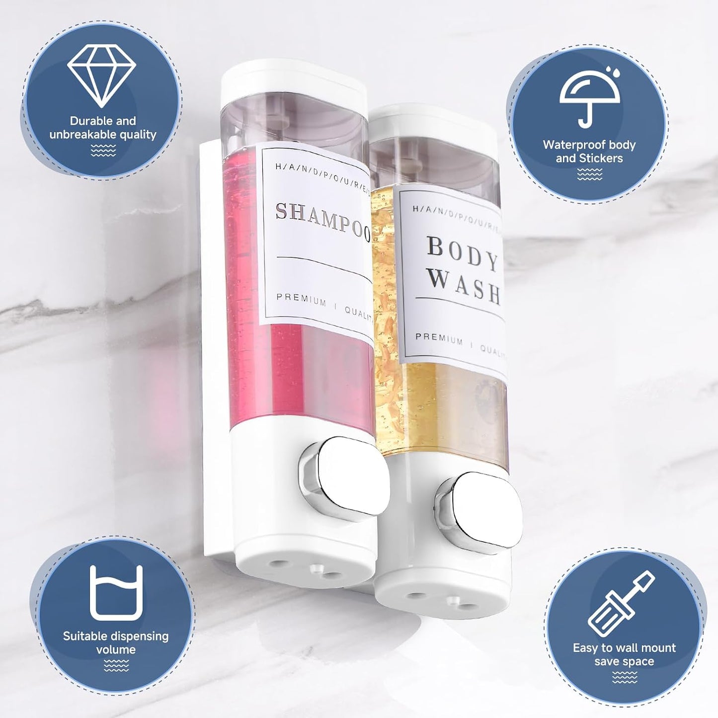 Shampoo and Conditioner Dispenser, Shower Soap Dispenser Wall Mounted, Shampoo Dispenser for Shower Wall No Drill, Bathroom Body Wash Dispenser 3 * 350ml Silver 3 Chamber