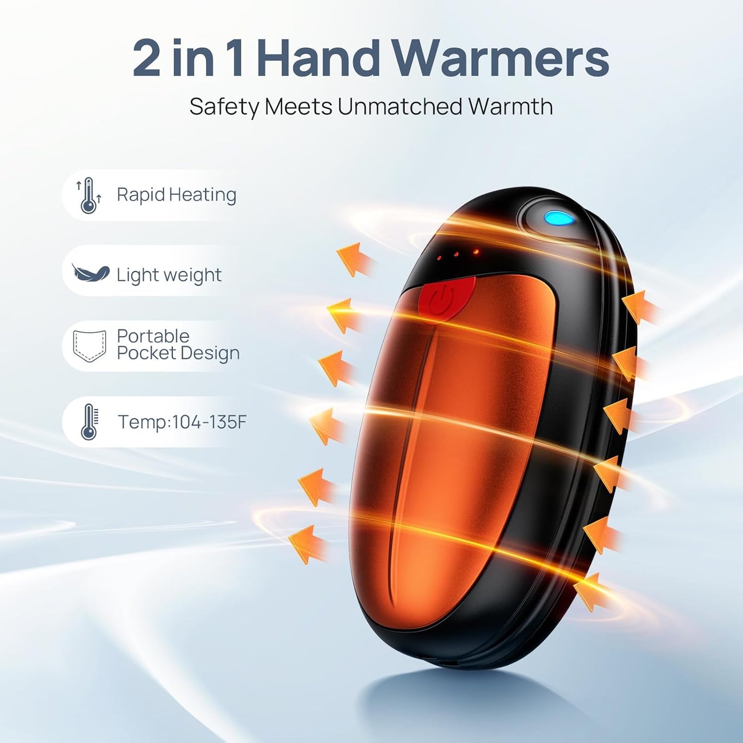 Hand Warmers Rechargeable, 2 Pack Portable Pocket Hand Warmers, 20Hrs Long Heating Double Warm Electric Handwarmers, Reusable Heater for Outdoors, Camping, Hunting, Golf, Fishing
