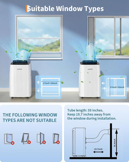 Garvee 14,000 BTU Portable Air Conditioner, 3-in-1 Portable AC for Rooms | Fast & Quiet Cooling for Rooms up to 750 Sq.Ft, Remote Control, LED Display Panel, Included Easy Install Window Kit
