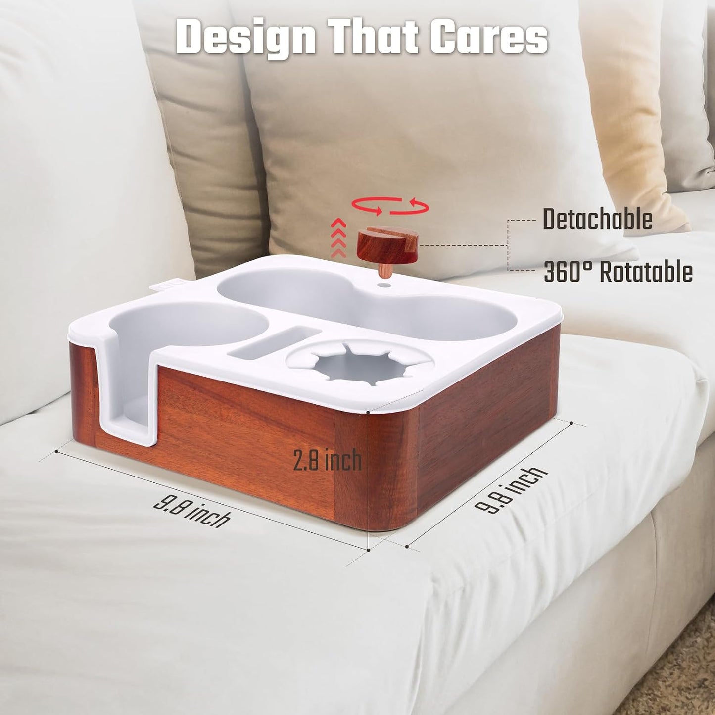 Couch Cup Holder Tray, Real Acacia Wooden Caddy with Soft Silicone, Snack and Drink Organizer- Perfect Movie Night Accessories for Bed, Remote and Cup Holders for Sofa (Black)