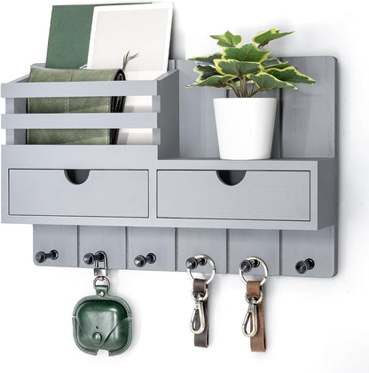 Rebee Vision Key Holder Wall Mount with Shelf for Entryway, Distressed Blue | Modern Mail Organizer, 6 Key Hooks, 2 Drawer Organizer, Key Hanger Home Decor Aesthetic, Apartment Storage Essentials