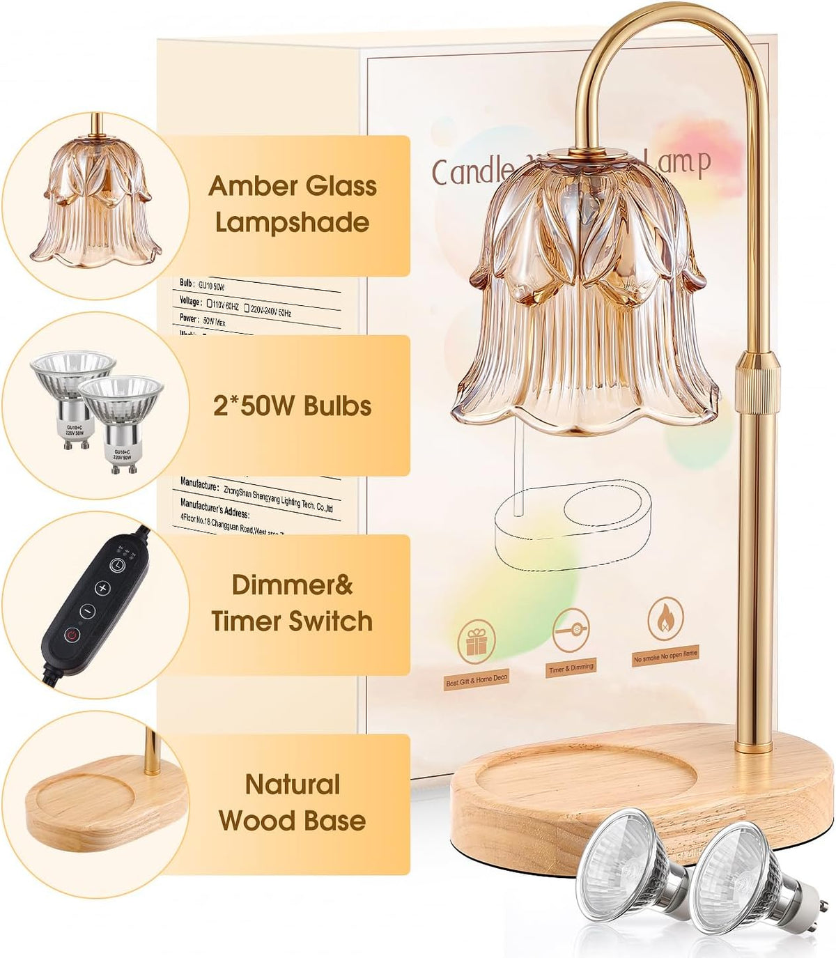 Candle Warmer Lamp Adjustable Timer - Electric Flower Glass Candles Light