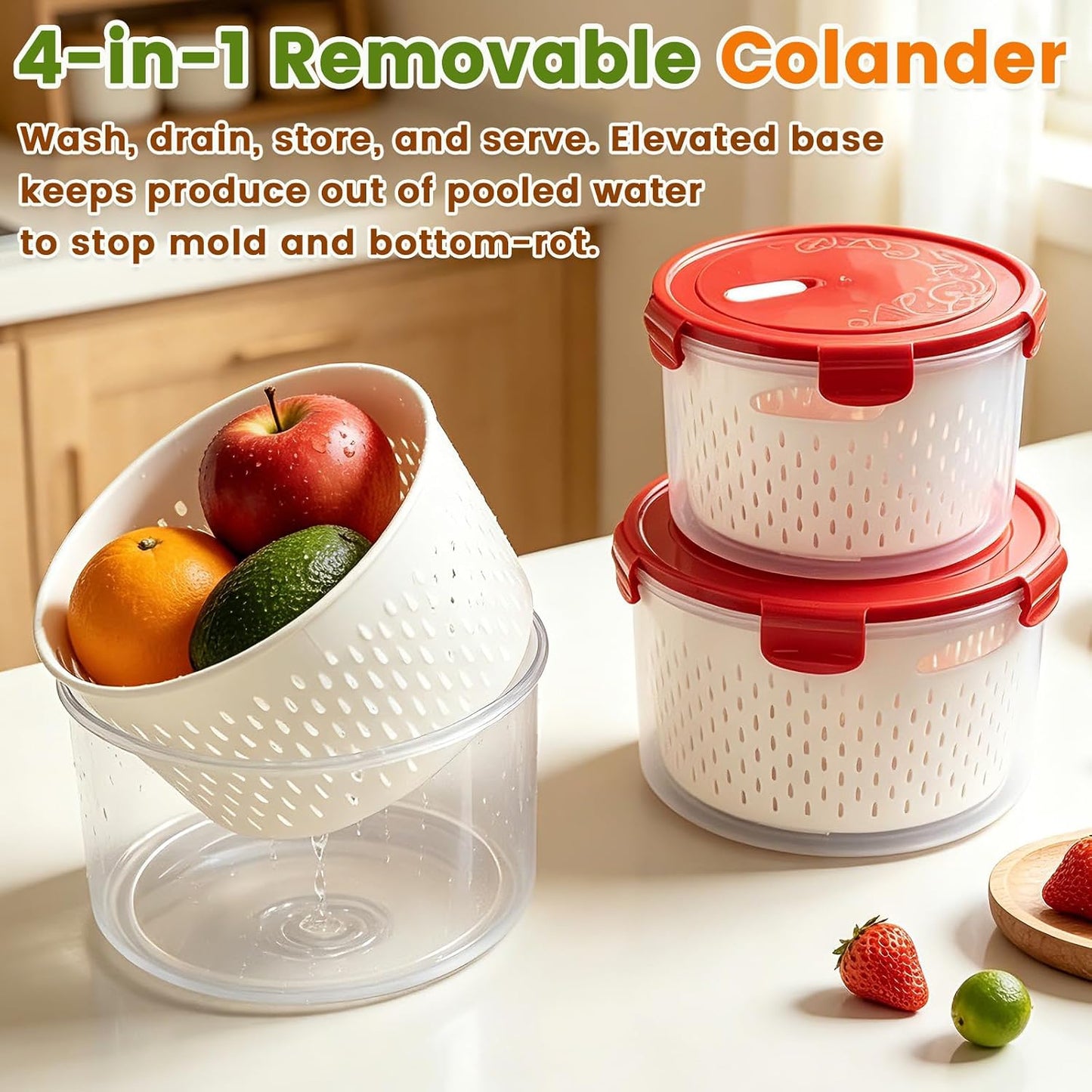 TBMax Fruit Storage Containers for Fridge Organizers and Storage, 4 Pack Large Produce Saver with Airtight Lid & Colander for Berry Lettuce Salad Vegetable Storage, Refrigerator Organizers
