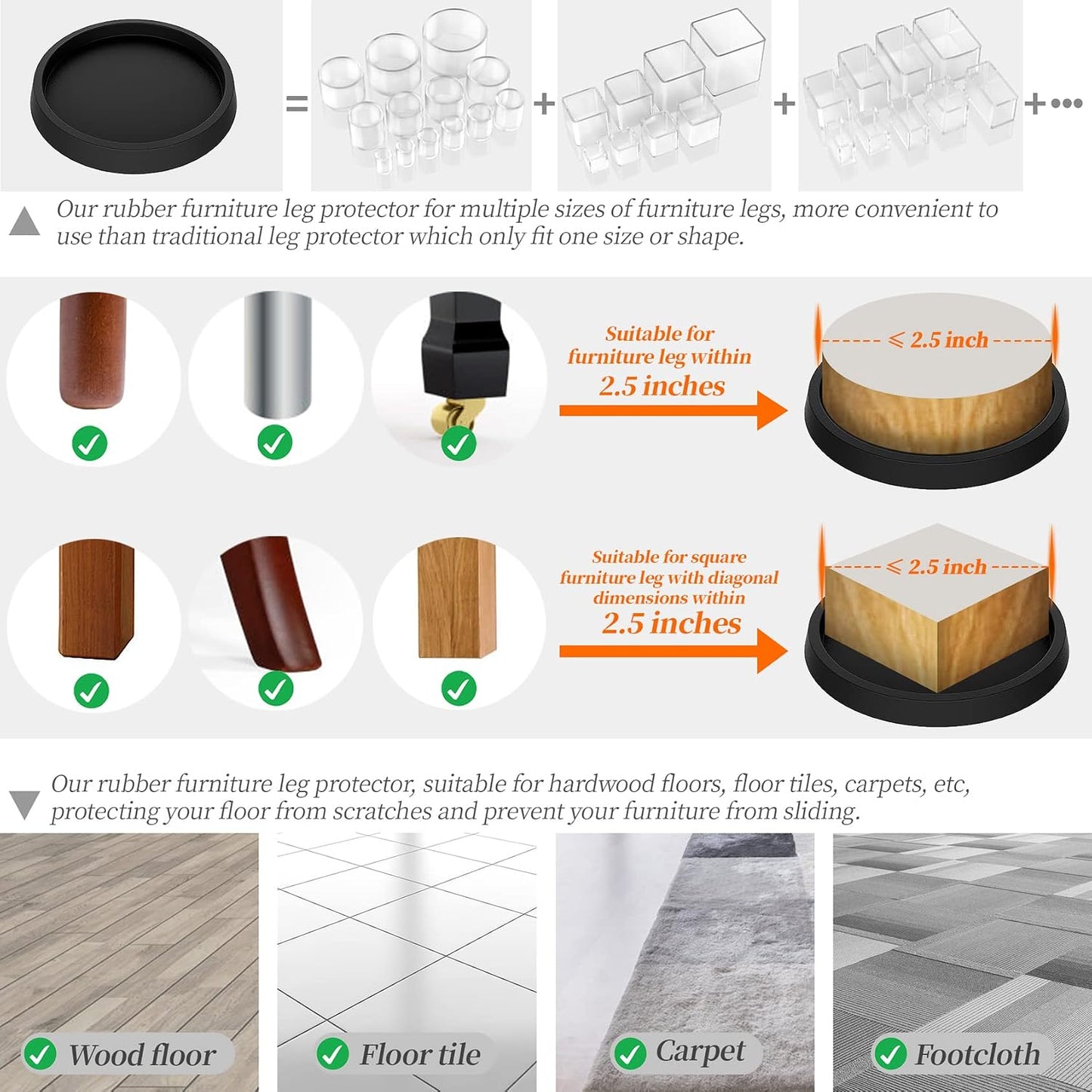 Furniture Coasters,Caster Cups,Furniture Leg Protectors 2.5 Inch 4pcs Rubber Pads no Slip for Hardwood Floors Black