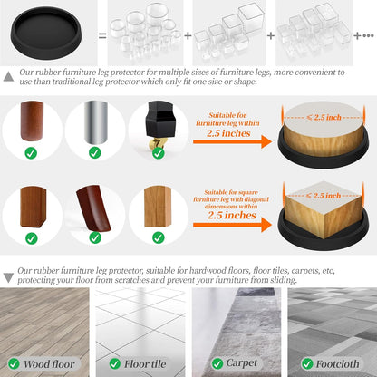 Furniture Coasters,Caster Cups,Furniture Leg Protectors 2.5 Inch 4pcs Rubber Pads no Slip for Hardwood Floors Black