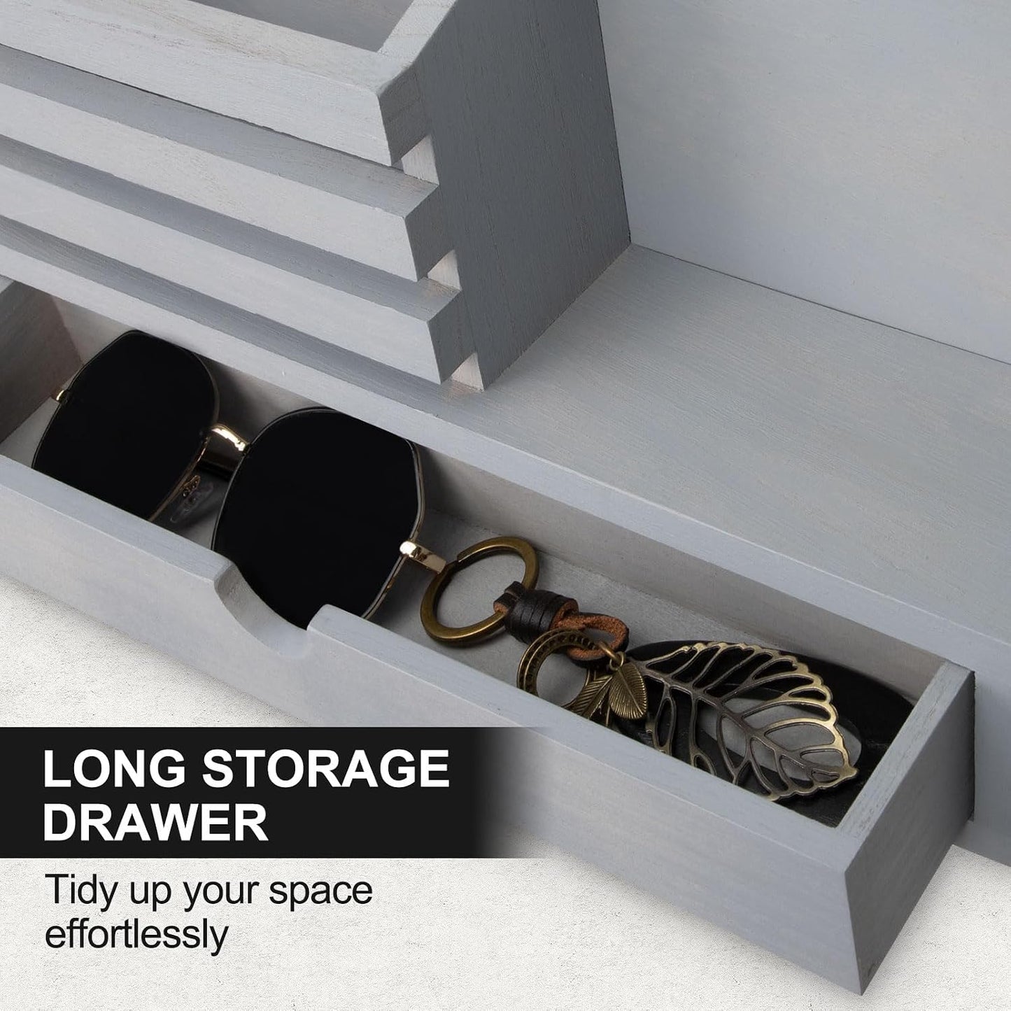 Key Holder Wall Mount, Mail Holder with Storage Drawer | Key and Mail Holder with 5 Key Hooks for Coat, Dog Leash, Home Decor Rack, House Accessories, Entry Way Organizer