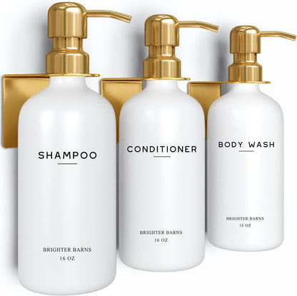White Shampoo and Conditioner Dispenser Set Wall Mounted by Brighter Barns - Shower Dispenser 3 Chamber No Drill - Refillable Shampoo and Conditioner Bottles for Shower Wall in Airbnb, Hotel (White)