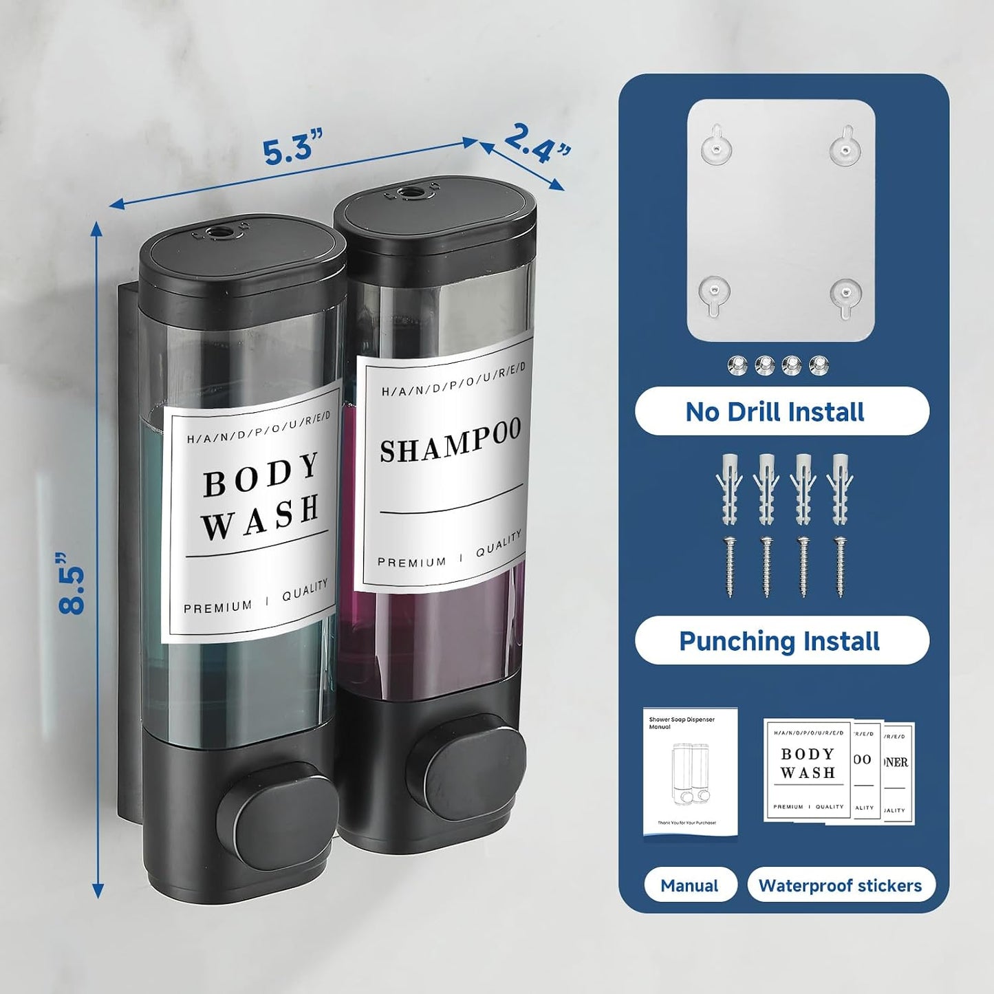 Cabo Deseado Shower Soap Dispenser Wall Mounted No Drill Shampoo Dispenser for Shower Wall Shampoo and Conditioner Dispenser Bathroom Hotel 3 * 350ml Gungray with Labels