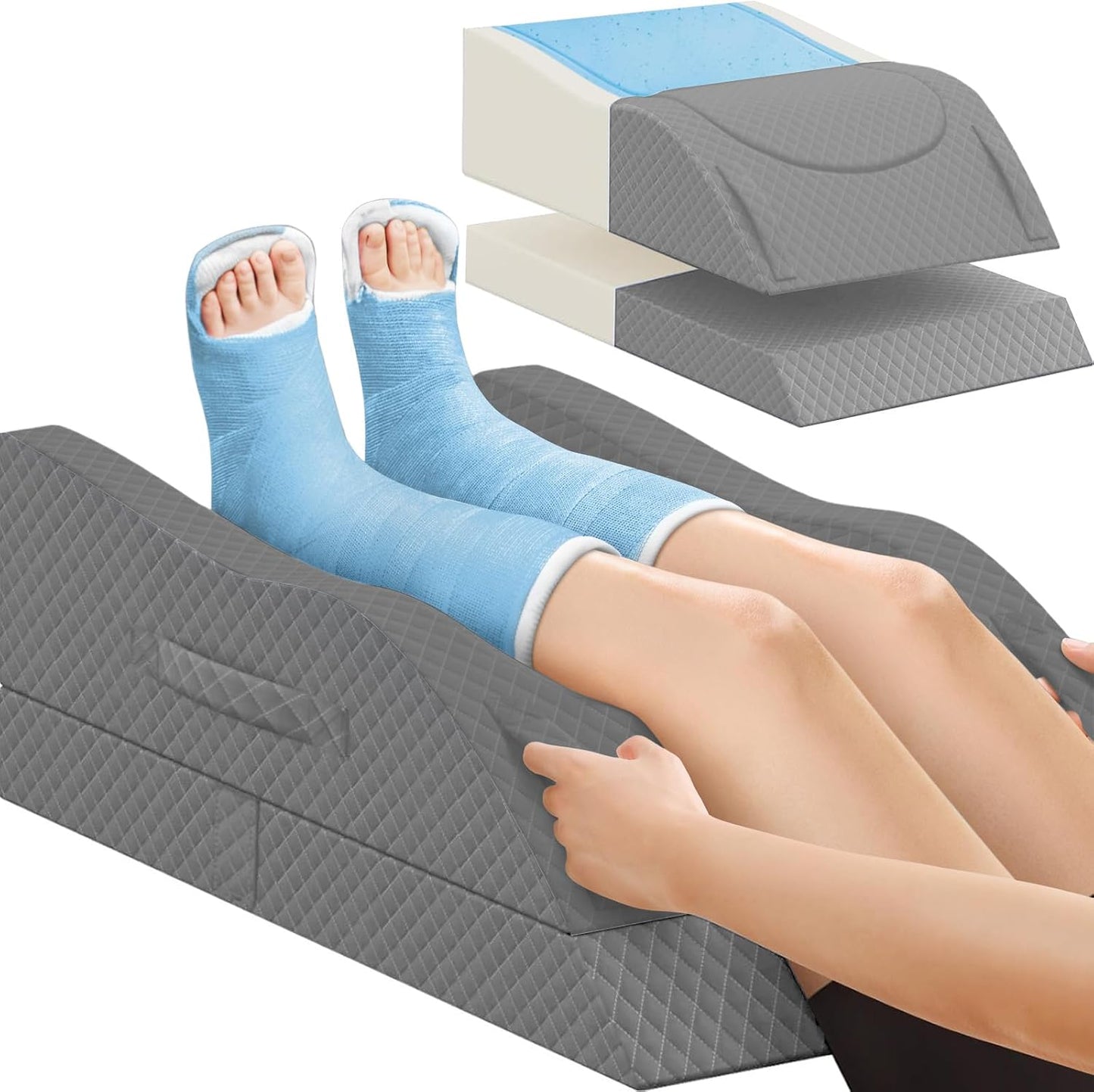 TranquilRelax Leg Elevation Pillows for After Surgery, Wedge Pillow, Grey | Memory Foam, All-around Knee & Ankle Support for Swelling, Height-adjustable, Nop-Slip Bottom, Washable Cover, Single-leg