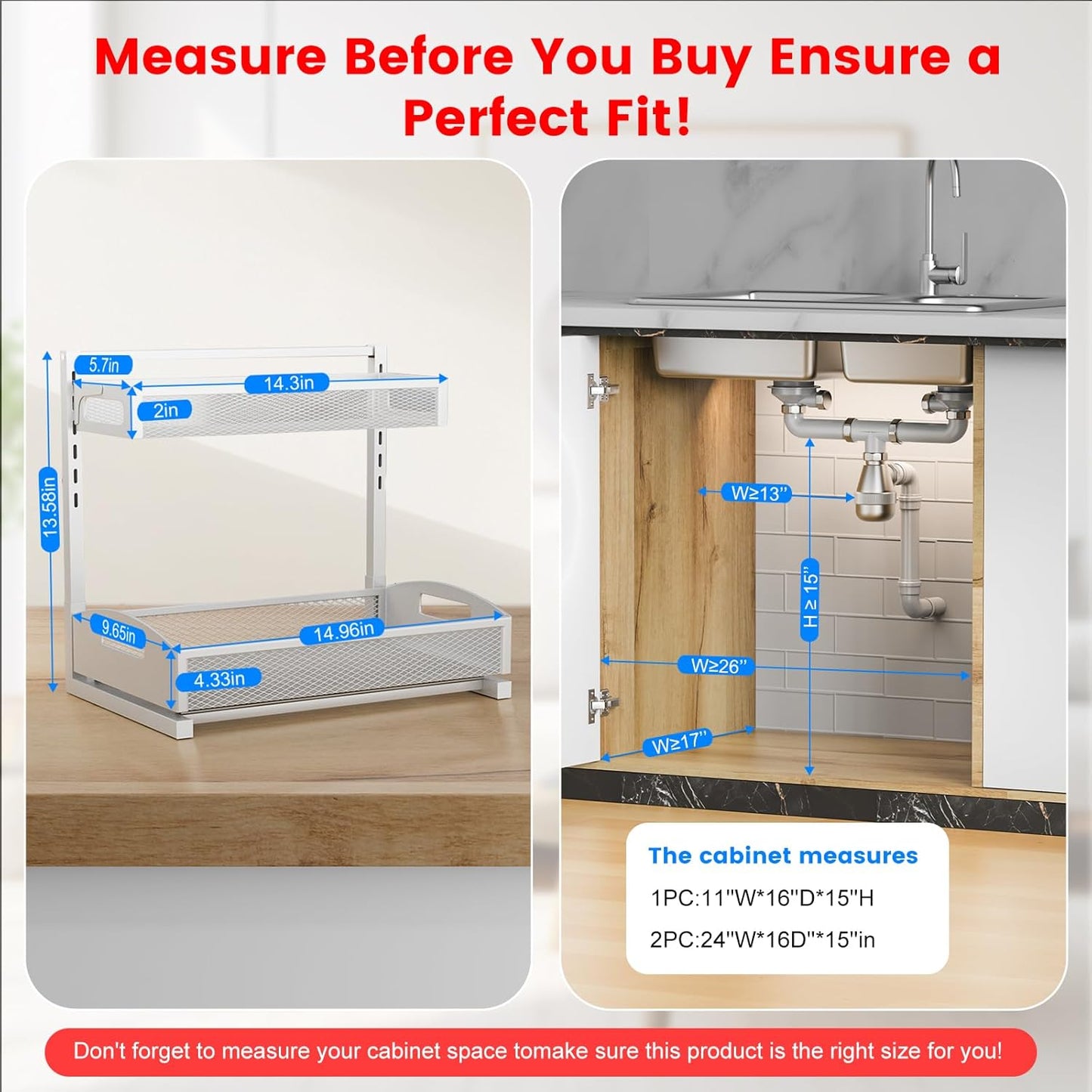 Petiza Under Sink Organizer Adjustable Height 2 Tier Bathroom Organizer Pull Out Cabinet Organer kitchen organizers and storage fridge organizers and storage,White,XL-1 Pack