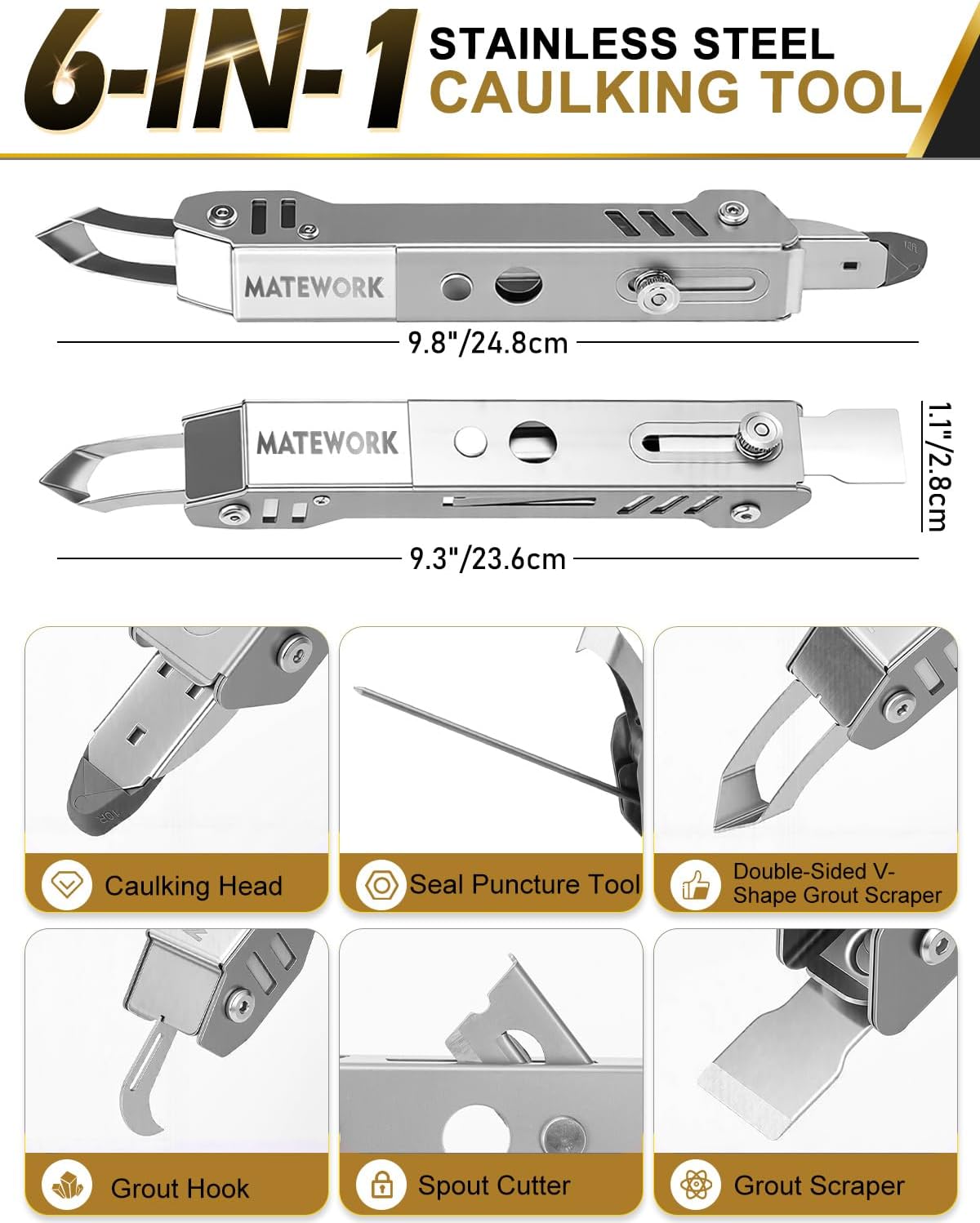 Matework 6 in 1 Caulking Tool, Stainless Steel Caulk Remover - 5 Pads | Multi-Function Grout Removal Tool Kit, Smooth & Sealant Finishing Multi-Tools, for Bathroom, Shower, Kitchen, Window, Sink