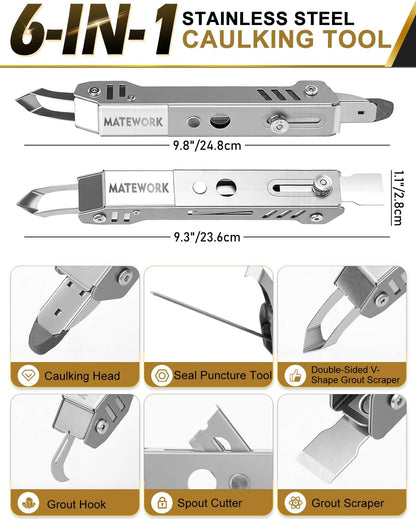 Matework 6 in 1 Caulking Tool, Stainless Steel Caulk Remover - 5 Pads | Multi-Function Grout Removal Tool Kit, Smooth & Sealant Finishing Multi-Tools, for Bathroom, Shower, Kitchen, Window, Sink