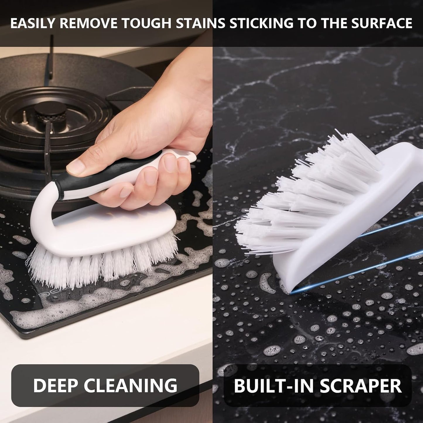 Scrub Brush Set, 4 Pack Deep Cleaning Brush Kit, Green | 2 Scrub Brush, 2 Tile & Grout Brush with Built-in Scraper, Household Commercial Scrubber for Floor, Shower, Pool Wall, Tub