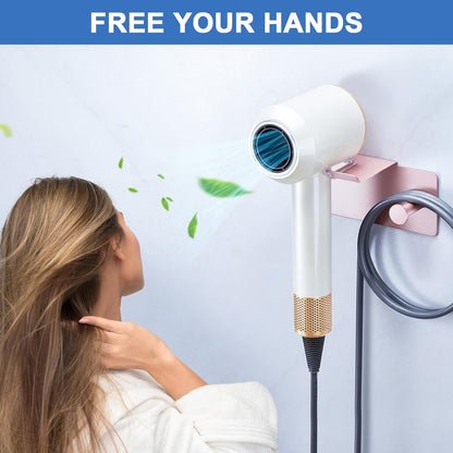 Hair Dryer Holder Wall Mounted, Blow Dryer Holder Adhesive, Metal Hairdryer Holder for Bathroom, Hair Tool Organizer with Plug&Cord for Cabinet Bathroom Bedroom Barber Shops (Rose Gold)