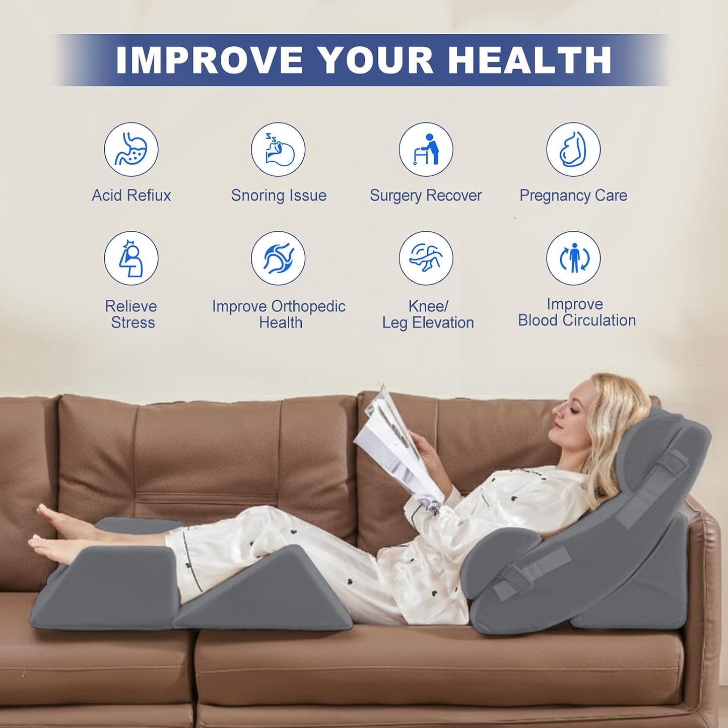 4PCS Orthopedic Bed Wedge Pillow Set for Sleeping, Post Surgery Foam Support Pillows for Back, Neck and Leg Pain Relief, Adjustable Triangle Pillow – Acid Reflux, GERD & Snoring Recovery, White Grey