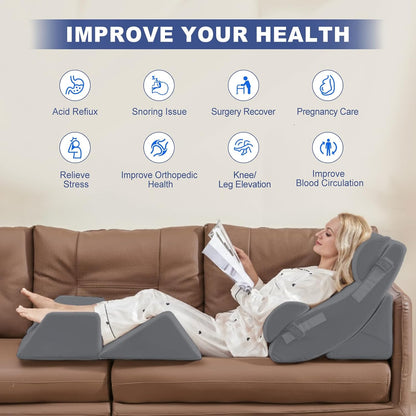 4PCS Orthopedic Bed Wedge Pillow Set for Sleeping, Post Surgery Foam Support Pillows for Back, Neck and Leg Pain Relief, Adjustable Triangle Pillow – Acid Reflux, GERD & Snoring Recovery, White Grey