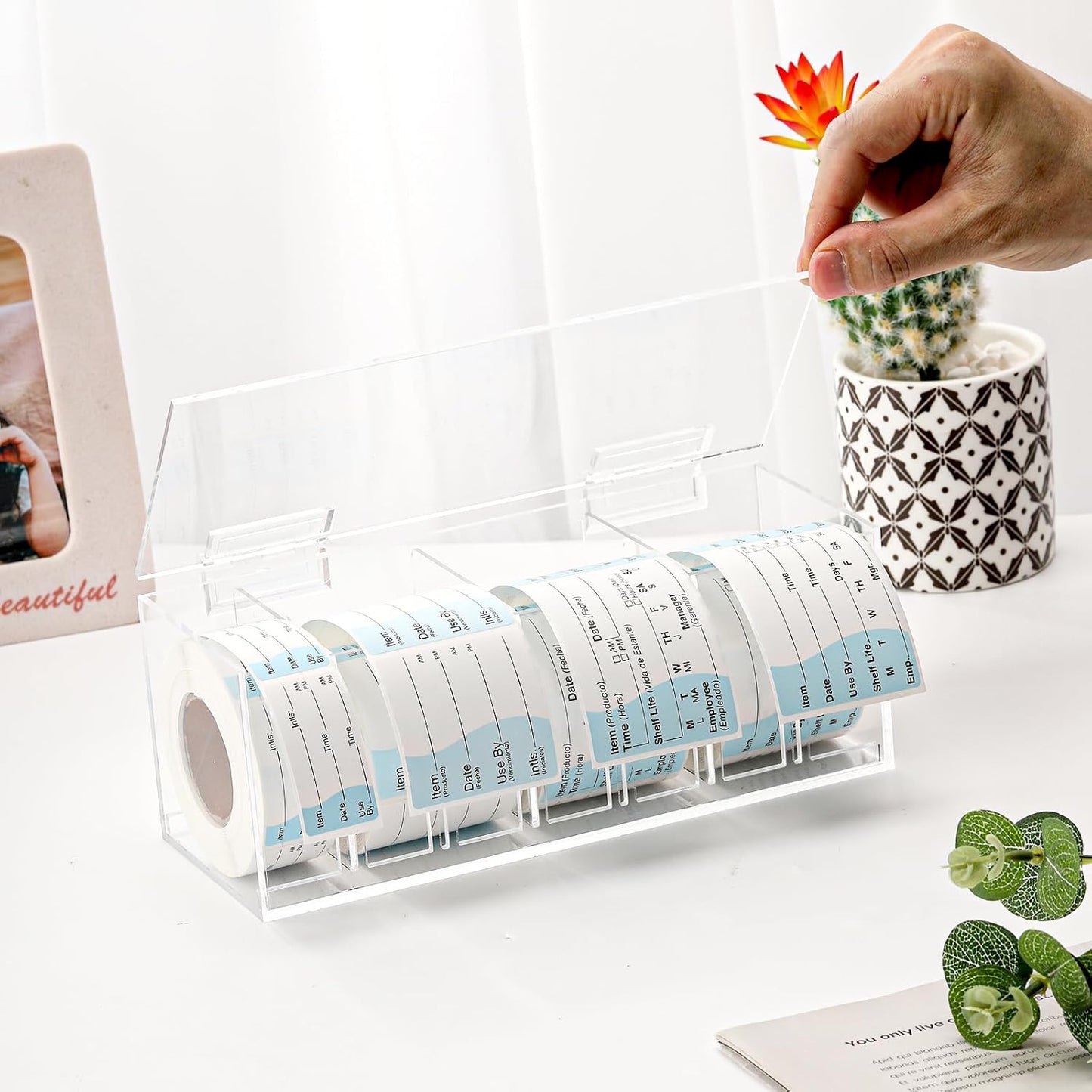 Adjustable Label Dispenser 4 Disks Sticker Roll Holder Acrylic Sticker Dispenser 9" x 3.5" x 3.5" Dissolvable Food Label Sticker Holder Organizer Label Stand for Date Sticker Label Desktop（No Label）