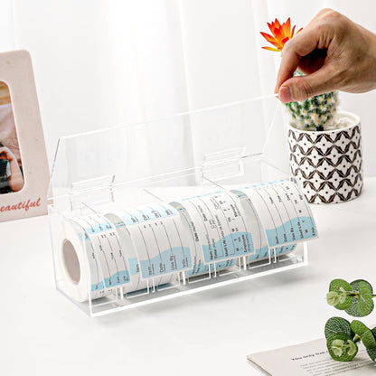 Adjustable Label Dispenser 4 Disks Sticker Roll Holder Acrylic Sticker Dispenser 9" x 3.5" x 3.5" Dissolvable Food Label Sticker Holder Organizer Label Stand for Date Sticker Label Desktop（No Label）